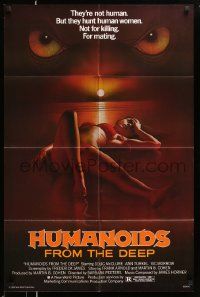 2t449 HUMANOIDS FROM THE DEEP 1sh '80 classic art of eyes looming over sexy girl on beach!