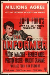 2t462 INFORMER 1sh R55 John Ford, great close up art of angry Victor McLaglen & Heather Angel!
