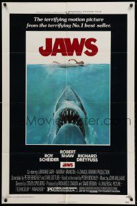 2t479 JAWS 1sh '75 artwork of Steven Spielberg's classic man-eating shark attacking sexy swimmer!