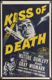 2t507 KISS OF DEATH 1sh R53 c/u of Victor Mature & kissing Coleen Gray, film noir classic!