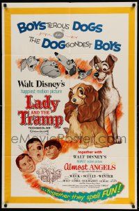 2t520 LADY & THE TRAMP/ALMOST ANGELS 1sh '62 Walt Disney double-bill w/cool canine art!