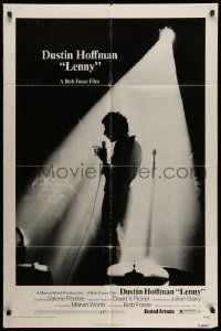 2t532 LENNY 1sh '74 silhouette image of Dustin Hoffman as comedian Lenny Bruce at microphone!