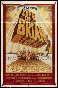 2t539 LIFE OF BRIAN 1sh '79 Monty Python, great wacky artwork of Chapman running from mob!