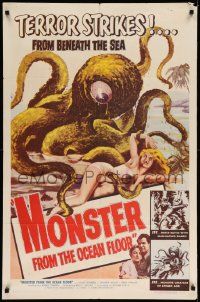 2t622 MONSTER FROM THE OCEAN FLOOR 1sh '54 cool art of the octopus beast attacking sexy girl!