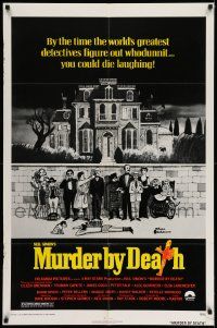 2t633 MURDER BY DEATH 1sh '76 great Charles Addams art of cast by dead body, yellow title design!