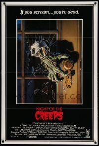 2t647 NIGHT OF THE CREEPS int'l 1sh '86 different art of zombie hand smashing through door window!