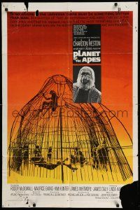 2t704 PLANET OF THE APES 1sh '68 Charlton Heston, classic sci-fi, cool art of caged humans!