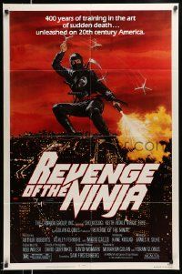 2t755 REVENGE OF THE NINJA 1sh '83 cool artwork of ninja throwing weapons in mid-air!