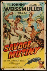 2t800 SAVAGE MUTINY 1sh '53 art of Johnny Weissmuller as Jungle Jim w/pretty Angela Stevens!