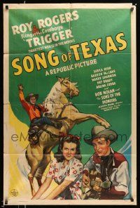 2t853 SONG OF TEXAS 1sh '43 art of Roy Rogers riding Trigger & playing guitar for girl!