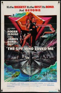 2t865 SPY WHO LOVED ME 1sh '77 cool art of Roger Moore as James Bond by Bob Peak!