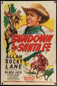 2t891 SUNDOWN IN SANTA FE 1sh '48 great art of cowboy Allan Rocky Lane, Black Jack!