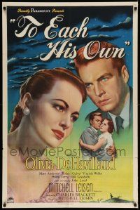 2t924 TO EACH HIS OWN style A 1sh '46 great close up art of pretty Olivia de Havilland & John Lund!