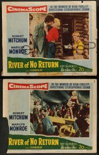 2w799 RIVER OF NO RETURN 3 LCs '54 Robert Mitchum watches sexy Marilyn Monroe play guitar!