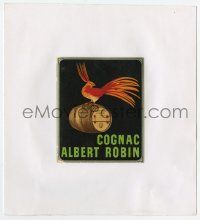 2x562 COGNAC ALBERT ROBIN linen French 4x5 bottle label '20s cool art of plumed bird on barrel!