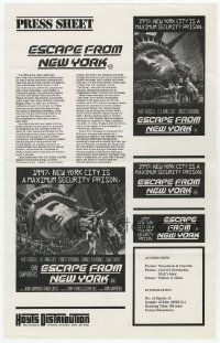 2x791 ESCAPE FROM NEW YORK Australian press sheet '81 Carpenter, art of decapitated Lady Liberty!