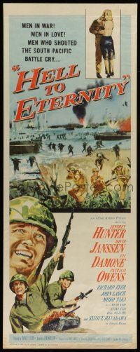 2y226 HELL TO ETERNITY insert '60 art of WWII soldier Jeffrey Hunter in battle, Patricia Owens!