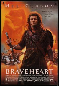 2z114 BRAVEHEART advance DS 1sh '95 cool image of Mel Gibson as William Wallace!