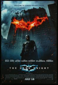 2z162 DARK KNIGHT int'l advance DS 1sh '08 Christian Bale as Batman in front of flaming building!