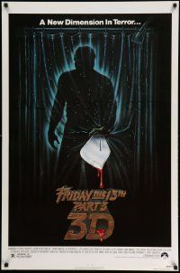2z260 FRIDAY THE 13th PART 3 - 3D 1sh '82 slasher sequel, art of Jason stabbing through shower!