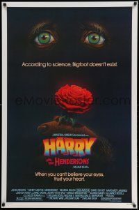 2z327 HARRY & THE HENDERSONS 1sh '87 John Lithgow, Bigfoot, cool art of eyes and hand holding rose