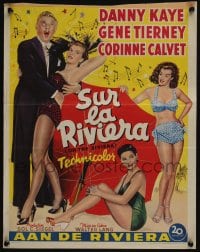 3b789 ON THE RIVIERA Belgian '51 art of Danny Kaye, sexy Gene Tierney & Corinne Calvet!