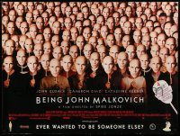 3b024 BEING JOHN MALKOVICH DS British quad '99 Spike Jonze, wacky image of lots of Malkovich masks!