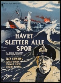 3b178 CRUEL SEA Danish '53 Wenzel art of ship captain Jack Hawkins with ships at sea!