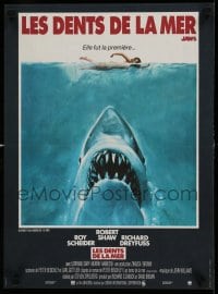3b075 JAWS French 16x21 '75 art of Steven Spielberg's classic man-eating shark attacking swimmer!