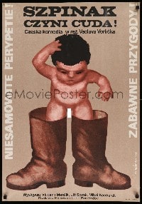 3b282 WHAT WOULD YOU SAY TO SOME SPINACH Polish 23x33 '78 Wiktor Gorka art of baby in huge boots!
