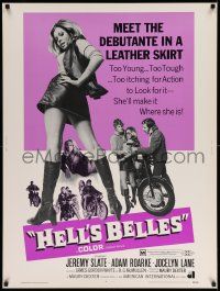 3c377 HELL'S BELLES 30x40 '69 sexy too young too tough biker babe in leather skirt!