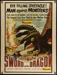 3c430 SWORD & THE DRAGON 30x40 '60 cool fantasy art of three-headed winged monster attacking!