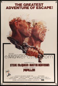 3c205 PAPILLON 40x60 '73 great art of prisoners Steve McQueen & Dustin Hoffman by Tom Jung!