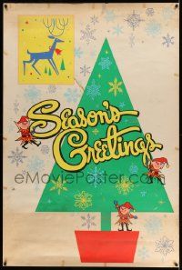 3c217 SEASON'S GREETINGS 40x60 '60s Christmas Holiday artwork tree and elves!