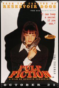 3c010 PULP FICTION advance English 40x60 '94 Quentin Tarantino, portrait of sexy Uma Thurman w/gun!