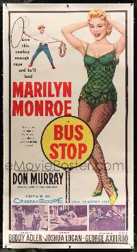 3d325 BUS STOP linen 3sh '56 cowboy Don Murray with lasso & full-length sexy Marilyn Monroe!