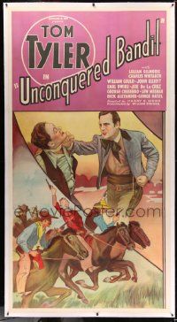 3d355 UNCONQUERED BANDIT linen 3sh '35 great artwork of cowboy Tom Tyler on horse & fighting!