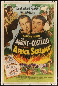 3d321 AFRICA SCREAMS linen style Z 40x60 '49 natives cooking Bud Abbott & Lou Costello in cauldron!
