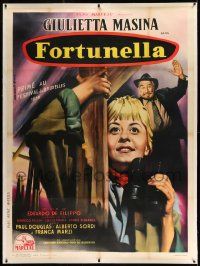 3d304 FORTUNELLA linen French 1p '57 Jean Mascii art of Giulietta Masina, Fellini, fantasy comedy!