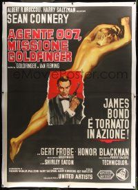 3d292 GOLDFINGER linen Italian 2p '65 art of Sean Connery as James Bond & golden Eaton, super rare!