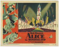 3d089 ALICE IN WONDERLAND LC #4 '51 Walt Disney, cartoon image of Alice escorted by playing cards!