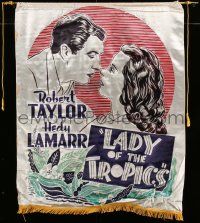 3d267 LADY OF THE TROPICS silk banner '39 art of Hedy Lamarr & Robert Taylor about to kiss, rare!