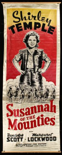 3d279 SUSANNAH OF THE MOUNTIES 40x102 silk banner '39 art of Shirley Temple & RCMP on horses, rare!