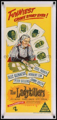 3f042 LADYKILLERS linen Aust daybill '55 Katie Johnson + Alec Guinness & gangsters on playing cards!