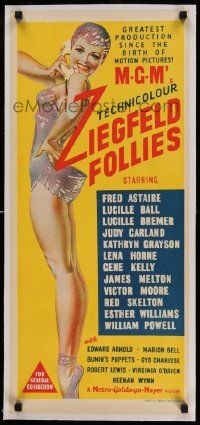 3f044 ZIEGFELD FOLLIES linen Aust daybill '45 wonderful full-length stone litho of sexy showgirl!