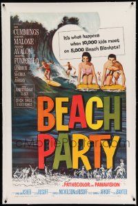 3f135 BEACH PARTY linen 1sh '63 Frankie Avalon & Annette Funicello riding a wave on surf boards!