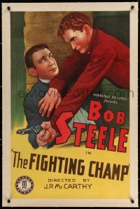 3f149 BOB STEELE linen 1sh '40s cool art of cowboy Bob Steele, The Fighting Champ!