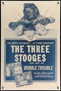 3f158 BUBBLE TROUBLE linen 1sh '53 Three Stooges make a youth serum, but it turns man into gorilla!