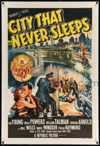 3f176 CITY THAT NEVER SLEEPS linen 1sh '53 great art of gunfight under elevated train in Chicago!