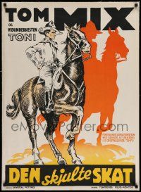 3f087 HIDDEN GOLD linen Danish '32 great full art of cowboy Tom Mix riding his horse Tony!